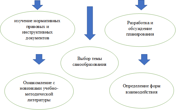 изучение нормативных правовых и инструктивных документов,Разработка и обсуждение планирования,Ознакомление с новинками учебно-методической литературы,Определение форм взаимодействия,Выбор темы самообразования