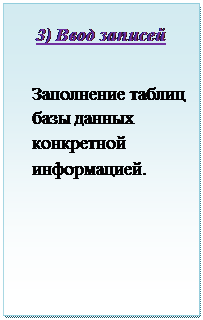 Надпись: 3) Ввод записей

Заполнение таблиц базы данных конкретной информацией.
