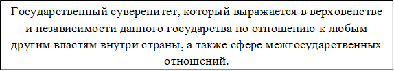 Государственный суверенитет, который выражается в верховенстве и независимости данного государства по отношению к любым другим властям внутри страны, а также сфере межгосударственных отношений.