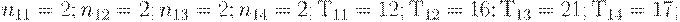 n_{11}=2; n_{12}=2; n_{13}=2; n_{14}=2; Т_{11}=12; Т_{12}=16; Т_{13}=21; Т_{14}=17;