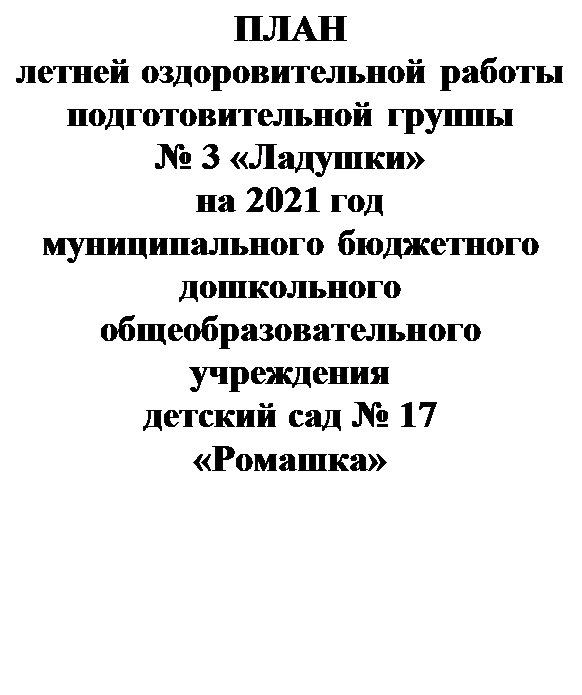 Надпись: ПЛАН
летней оздоровительной работы
подготовительной группы
№ 3 «Ладушки»
на 2021 год
муниципального бюджетного
дошкольного
общеобразовательного учреждения
детский сад № 17
«Ромашка»