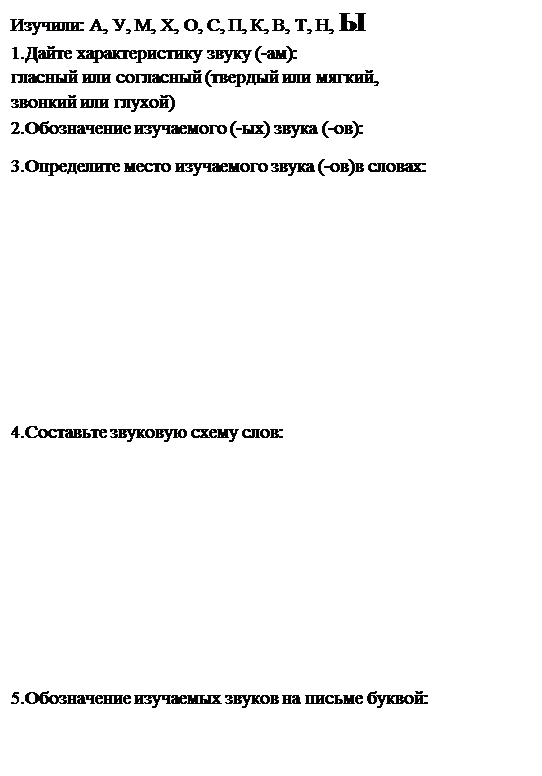 Надпись: Изучили: А, У, М, Х, О, С, П, К, В, Т, Н, Ы
1.Дайте характеристику звуку (-ам): 
гласный или согласный (твердый или мягкий, 
звонкий или глухой)
2.Обозначение изучаемого (-ых) звука (-ов): 
3.Определите место изучаемого звука (-ов)в словах:






4.Составьте звуковую схему слов:






5.Обозначение изучаемых звуков на письме буквой:

