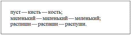 Надпись: пуст — кисть — кость;
миленький — миленький — меленький;
распиши — распаши — распуши.
