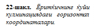 Надпись: 22-шакл. Ёритќичнинг ќуйи кулминациядаги горизонтал координаталари.