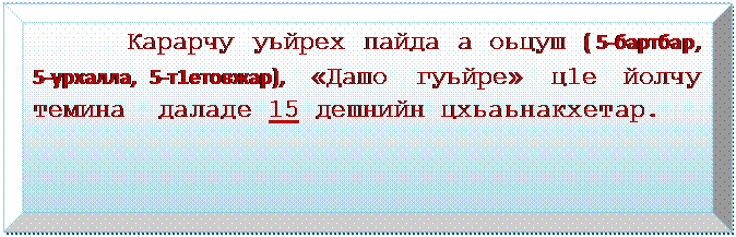 Багетная рамка:       Карарчу уьйрех пайда а оьцуш ( 5-бартбар,                     5-урхалла, 5-т1етовжар), «Дашо гуьйре» ц1е йолчу   темина  даладе 15 дешнийн цхьаьнакхетар.  