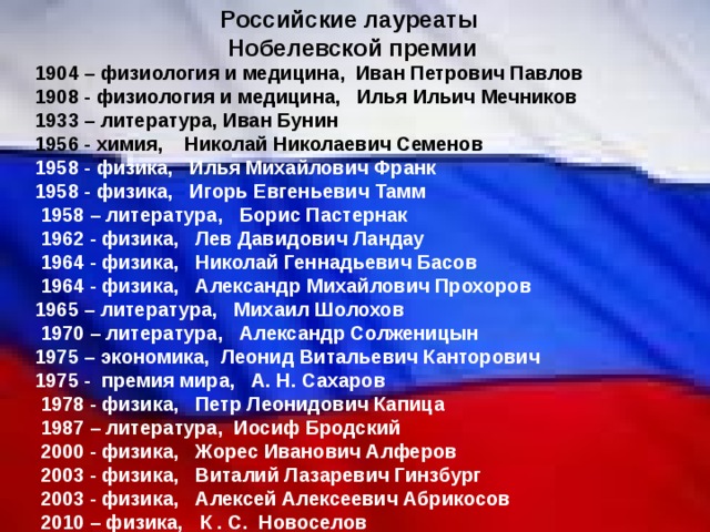 Российские лауреаты Нобелевской премии 1904 – физиология и медицина, Иван Петрович Павлов 1908 - физиология и медицина, Илья Ильич Мечников 1933 – литература, Иван Бунин 1956 - химия, Николай Николаевич Семенов 1958 - физика, Илья Михайлович Франк 1958 - физика, Игорь Евгеньевич Тамм  1958 – литература, Борис Пастернак  1962 - физика, Лев Давидович Ландау  1964 - физика, Николай Геннадьевич Басов  1964 - физика, Александр Михайлович Прохоров 1965 – литература, Михаил Шолохов  1970 – литература, Александр Солженицын 1975 – экономика, Леонид Витальевич Канторович 1975 - премия мира, А. Н. Сахаров  1978 - физика, Петр Леонидович Капица  1987 – литература, Иосиф Бродский  2000 - физика, Жорес Иванович Алферов  2003 - физика, Виталий Лазаревич Гинзбург  2003 - физика, Алексей Алексеевич Абрикосов  2010 – физика, К . С. Новоселов