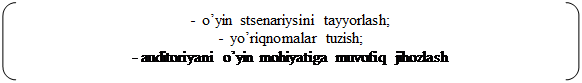 Двойные круглые скобки: -	o’yin stsenariysini tayyorlash;
-	yo’riqnomalar tuzish;
- auditoriyani o’yin mohiyatiga muvofiq jihozlash

