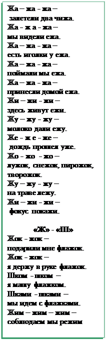 Надпись: Жа – жа - жа –
 залетели два чижа.
Жа - ж а - жа –
мы видели ежа.
Жа – жа - жа –
есть иголки у ежа.
Жа – жа - жа –
поймали мы ежа.
Жа – жа - жа –
принесли домой ежа.
Жи – жи - жи –
здесь живут ежи.
Жу – жу - жу –
молоко дали ежу.
Же - ж е - же –
 дождь прошел уже.
Жо - жо  - жо – 
лужок, снежок, пирожок, творожок.
Жу – жу - жу –
на траве лежу.
Жи – жи - жи –
 фокус покажи.

«Ж» - «Ш»
Жок - жок –
подарили мне флажок.
Жок - жок –
я держу в руке флажок.
Шком - шком –
я машу флажком.
Шками - шками –
мы идем с флажками.
Жим – жим – жим –
соблюдаем мы режим

