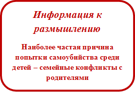 Информация к размышлению
Наиболее частая причина попытки самоубийства среди детей – семейные конфликты с родителями
