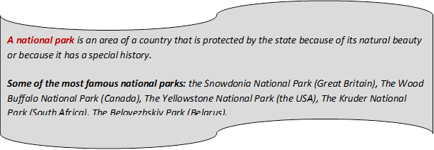 A national park is an area of a country that is protected by the state because of its natural beauty or because it has a special history. 

Some of the most famous national parks: the Snowdonia National Park (Great Britain), The Wood Buffalo National Park (Canada), The Yellowstone National Park (the USA), The Kruder National Park (South Africa), The Belovezhskiy Park (Belarus).

