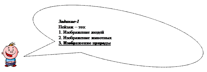 Овальная выноска: Задание-1
Пейзаж – это:
1. Изображение людей
2. Изображение животных
3. Изображение природы


