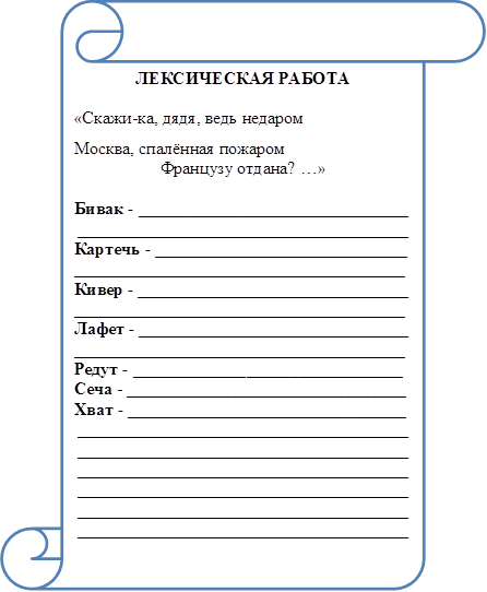 ЛЕКСИЧЕСКАЯ РАБОТА

«Скажи-ка, дядя, ведь недаром

Москва, спалённая пожаром
Французу отдана? …»

Бивак - _______________________________
______________________________________
Картечь - _____________________________
______________________________________
Кивер - _______________________________
______________________________________
Лафет - _______________________________
______________________________________
Редут - _______________________________
Сеча - ________________________________
Хват - ________________________________
______________________________________
____________________________________________________________________________
______________________________________
______________________________________
______________________________________
______________________________________
______________________________________
______________________________________
______________________________________
______________________________________

