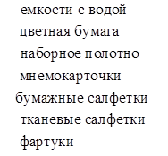 емкости с водой
     цветная бумага наборное полотно
     мнемокарточки
    бумажные салфетки тканевые салфетки
     фартуки
