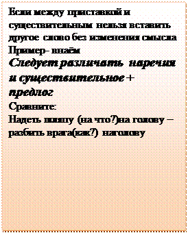 Надпись: Если между приставкой и существительным нельзя вставить другое слово без изменения смысла
Пример- внаём
Следует различать  наречия и существительное + предлог
Сравните:
Надеть шляпу (на что?)на голову – разбить врага(как?) наголову
