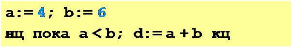Надпись: a:= 4; b:= 6
нц пока a < b; d:= a + b кц
