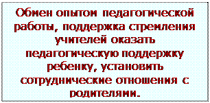 Надпись: Обмен опытом педагогической работы, поддержка стремления учителей оказать педагогическую поддержку ребенку, установить сотруднические отношения с родителями.