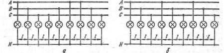 Схемы включения равноудаленных светильников наружного освещения: а - правильная, б - неправильная