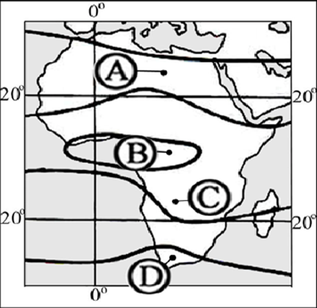 В каком из пунктов, обозначенных буквами на карте Африки, среднегодовое количество атмосферных осадков наибольшее?