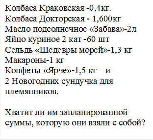 Колбаса Краковская -0,4кг.
Колбаса Докторская - 1,600кг
Масло подсолнечное «Забава»-2л
Яйцо куриное 2 кат -60 шт
Сельдь «Шедевры морей»-1,3 кг
Макароны-1 кг
Конфеты «Ярче»-1,5 кг    и
2 Новогодних сундучка для племянников.

Хватит ли им запланированной суммы, которую они взяли с собой?

