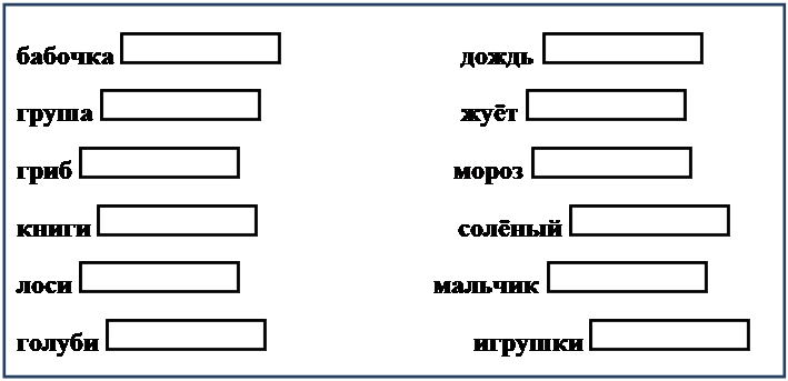 Надпись: бабочка                             дождь  
груша                                жуёт  
гриб                                  мороз   
книги                                солёный  
лоси                               мальчик  
голуби                                 игрушки  

