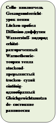Скругленный прямоугольник: Cello- виолончель
Gesangsunterricht-урок пения
Lücken-пробел
Diffusion-диффузия
Wasserstoff- водород
erhitzt-разгоряченный
Warmetheorie-теория тепла
stockend-прерывистый
trocken- сухой
eintönig-однообразный
Gleichgewichtszustande- состояние равновесия




