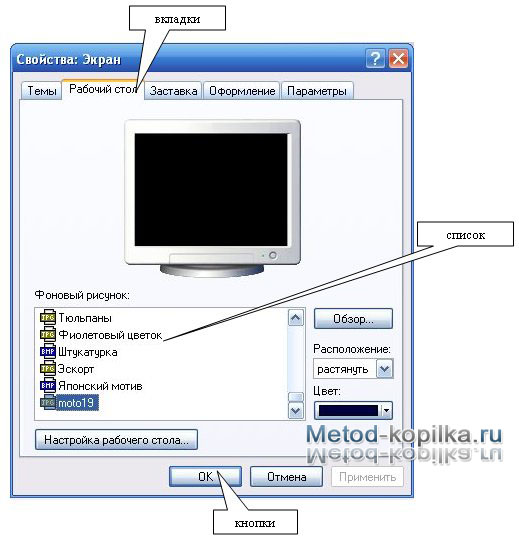 Описание: Окно - Свойства: экран