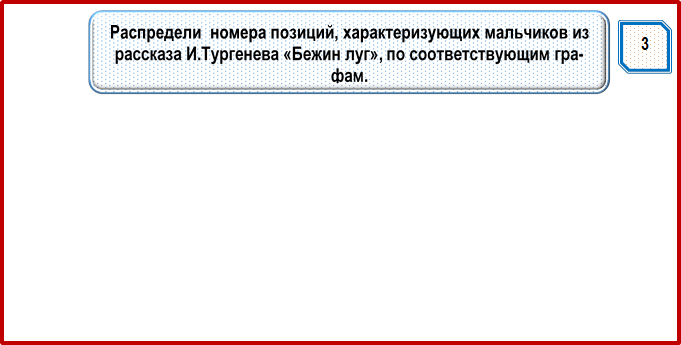 3,Распредели  номера позиций, характеризующих мальчиков из рассказа И.Тургенева «Бежин луг», по соответствующим графам.

