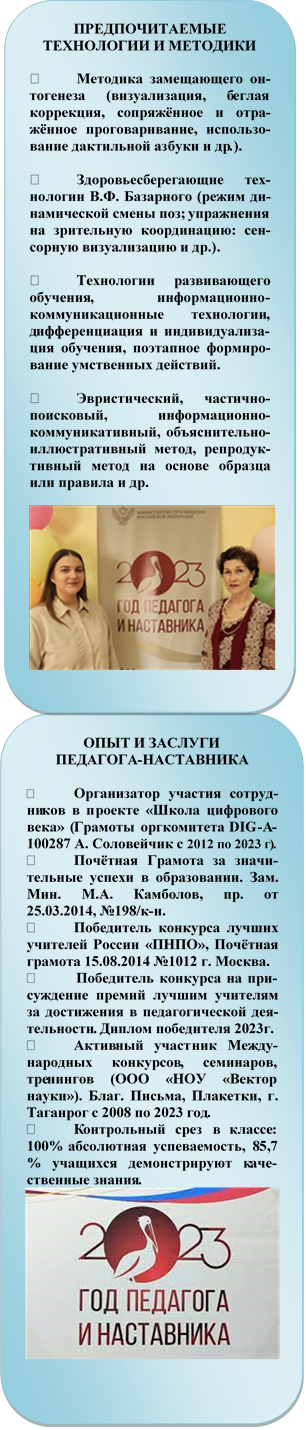 ОПЫТ И ЗАСЛУГИ 
ПЕДАГОГА-НАСТАВНИКА

v	Организатор участия со-трудников в проекте «Школа циф-рового века» (Грамоты оргкомите-та DIG-A-100287 А. Соловейчик с 2012 по 2023 г).
v	Почётная Грамота за значи-тельные успехи в образовании. Зам. Мин. М.А. Камболов, пр. от 25.03.2014, №198/к-н.
v	Победитель конкурса луч-ших учителей России «ПНПО», Почётная грамота 15.08.2014 №1012 г. Москва.
v	 Победитель конкурса на присуждение премий лучшим учи-телям за достижения в педагогиче-ской деятельности. Диплом победи-теля 2023г.
v	Активный участник Между-народных конкурсов, семинаров, тренингов (ООО «НОУ «Вектор науки»). Благ. Письма, Плакетки, г. Таганрог с 2008 по 2023 год.
v	Контрольный срез в классе: 100% абсолютная успеваемость, 85,7 % учащихся демонстрируют качественные знания.
 








634041, Россия, г. Томск, ул. Дзержинско-го, 19,
Школа-интернат №15
Тел.: (3822) 435-453
Факс: (3822) 435-453
E-mail: sch15@mail2000.ru












