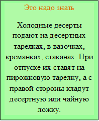 Это надо знать
Холодные десерты подают на десертных тарелках, в вазочках, креманках, стаканах. При отпуске их ставят на пирожковую тарелку, а с правой стороны кладут десертную или чайную ложку.
