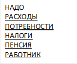 НАДО
РАСХОДЫ
ПОТРЕБНОСТИ
НАЛОГИ
ПЕНСИЯ
РАБОТНИК
