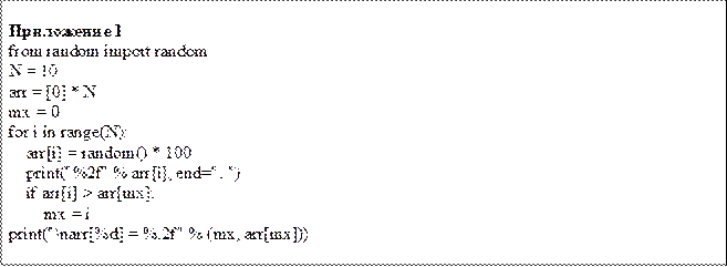 Приложение 1
from random import random N = 10
arr = [0] * N mx = 0
for i in range(N):
arr[i] = random() * 100 print("%2f" % arr[i], end="; ") if arr[i] > arr[mx]:
mx = i
print("\narr[%d] = %.2f" % (mx, arr[mx]))
