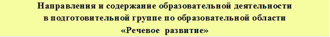 Направления и содержание образовательной деятельности в подготовительной группе по образовательной области
«Речевое  развитие»

