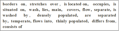 borders on, stretches over , is located on,  occupies, is situated on,  wash, lies, main,  covers, flow, separate, is washed by , densely populated, are separated by,  temperate, flows into,  thinly populated,  differs from, consists of 