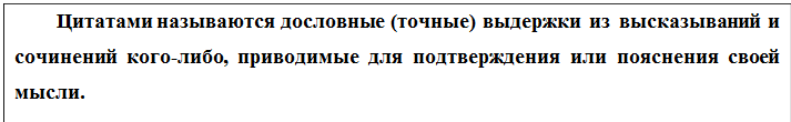 Надпись: Цитатами называются дословные (точные) выдержки из высказываний и сочинений кого-либо, приводимые для подтверждения или пояснения своей мысли.