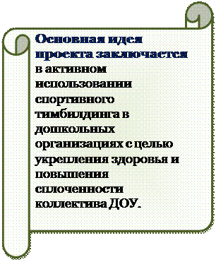 Горизонтальный свиток: Основная идея проекта заключается в активном использовании спортивного тимбилдинга в дошкольных организациях с целью укрепления здоровья и повышения сплоченности коллектива ДОУ. 



