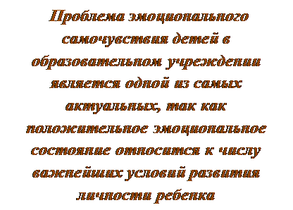 Text Box: Проблема эмоционального самочувствия детей в образовательном учреждении является одной из самых актуальных, так как положительное эмоциональное состояние относится к числу важнейших условий развития личности ребенка