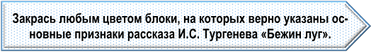 Закрась любым цветом блоки, на которых верно указаны основные признаки рассказа И.С. Тургенева «Бежин луг».