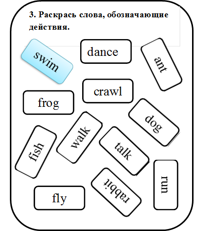 3. Раскрась слова, обозначающие действия. ,swim,dance,crawl,frog,ant

,dog,walk,talk,run,rabbit,fish,fly