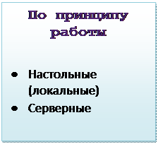 Надпись: По принципу
работы

•	Настольные (локальные)
•	Серверные
