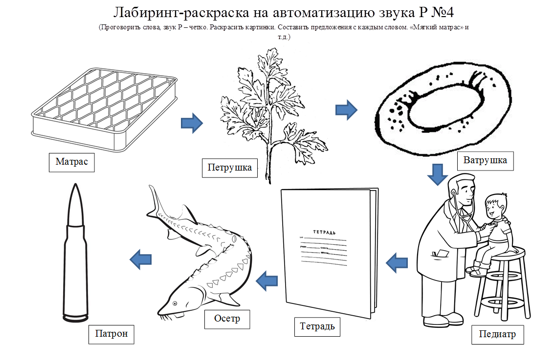 Лабиринт-раскраска на автоматизацию звука Р №4
(Проговорить слова, звук Р – четко. Раскрасить картинки. Составить предложения с каждым словом. «Мягкий матрас» и т.д.)
,Матрас,Петрушка,Ватрушка,Педиатр,Тетрадь,Осетр,Патрон
