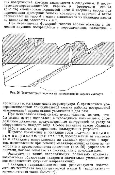 Широкое применение в последние годы получили накладные направляющие станин, изготовленные из текстолита и накладные направляющие на салазках суппортов и кареток, изготовленные при ремонте металлорежущих станков из текстолита и древеснослоистых пластиков (рис. 26), укрепляемых винтами, как это показано на рисунке, или с помощью клея.
