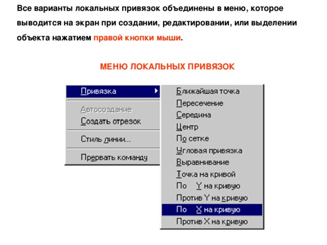 Все варианты локальных привязок объединены в меню, которое выводится на экран при создании, редактировании, или выделении объекта нажатием правой кнопки мыши . МЕНЮ ЛОКАЛЬНЫХ ПРИВЯЗОК 