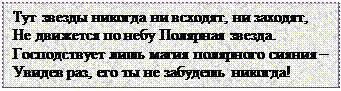 Надпись: Тут звезды никогда ни всходят, ни заходят, 
Не движется по небу Полярная звезда. 
Господствует лишь магия полярного сияния – 
Увидев раз, его ты не забудешь никогда! 

