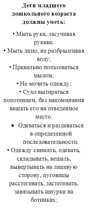 Дети младшего дошкольного возраста должны уметь:
• Мыть руки, засучивая рукава;
• Мыть лицо, не разбрызгивая воду;
• Правильно пользоваться мылом;
• Не мочить одежду;
• Сухо вытираться полотенцем, без напоминания вешать его на отведенное место. 
•	Одеваться и раздеваться в определенной последовательности.
• Одежду снимать, одевать, складывать, вешать, вывертывать на лицевую сторону, пуговицы расстегивать, застегивать, завязывать шнурки на ботинках;

