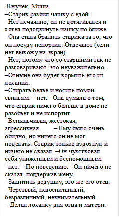 -Внучек. Миша.                                                      –Старик разбил чашку с едой.                         –Нет нечаянно, он не дотягивался и хотел пододвинуть чашку по ближе.  –Она стала бранить старика за то, что он посуду испортил. Отвечают (если нет вывожу на экран).                                          –Нет, потому что со старшими так не разговаривают, это неуважительно.                  –Отныне она будет кормить его из лоханки.                                                               –Стирать белье и носить помои свиньям.  –нет. –Она думала о том, что старик ничего больше в доме не разобьет и не испортит.                                   –Вспыльчивая, жестокая, агрессивная.        – Ему было очень обидно, но ничего он не мог поделать. Старик только вздохнул и ничего не сказал. –Он чувствовал себя униженным и беспомощным.                           –нет. – По поведению. –Он ничего не сказал, поддержав жену.                                                  –Защитить дедушку, это же его отец.  –Черствый, невоспитанный, безразличный, невнимательный.                            – Делал лоханку для отца и матери.