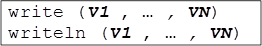 write (V1 , … , VN) writeln (V1 , … , VN)