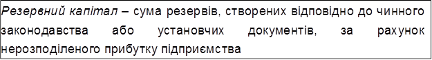 Резервний капітал – сума резервів, створених відповідно до чинного законодавства або установчих документів, за рахунок нерозподіленого прибутку підприємства