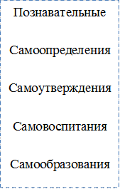 Познавательные

Самоопределения

Самоутверждения

Самовоспитания

Самообразования

Самосовершенствования

