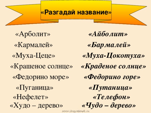 «Разгадай название»   «Арболит»  «Айболит» «Кармалей»   «Бармалей» «Муха-Цеце» «Муха-Цокотуха» «Краденое солнце» «Крашеное солнце»   «Федорино море» «Федорино горе»  «Пуганица»  «Путаница» «Нефелет» «Телефон» «Худо – дерево» «Чудо – дерево»