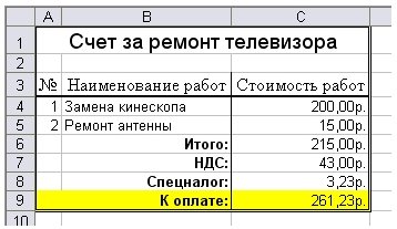 Образец выполнения задания: Счет-бланк